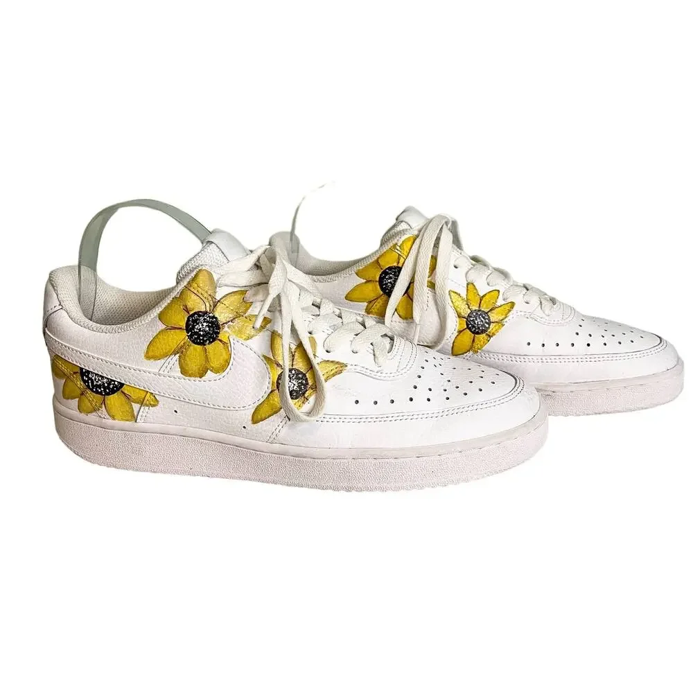 Nike Court Vision Low Sneakers 9.5 White Handpainted Sunflower Art CD5434-100